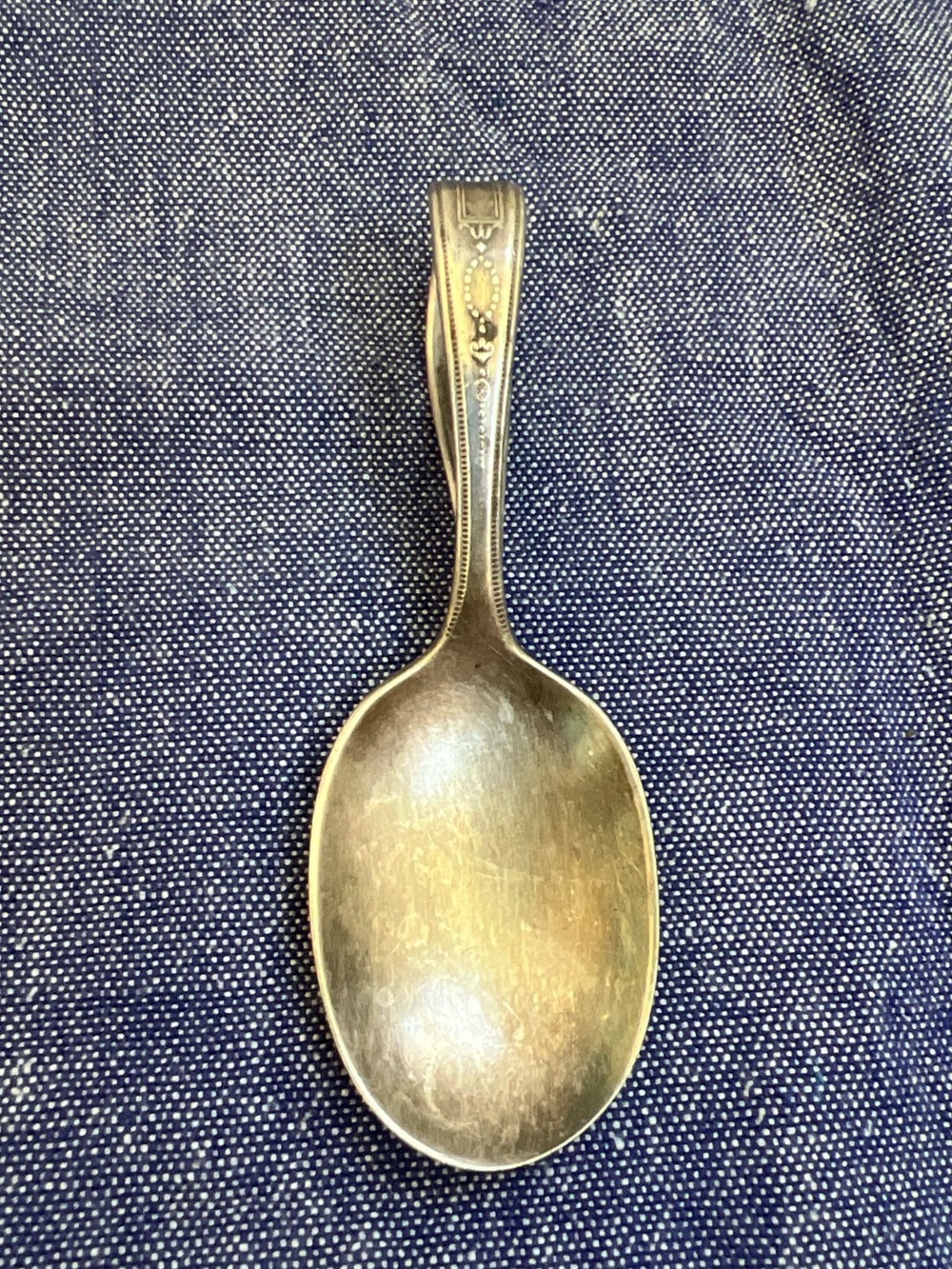 Curled Baby Spoon Antique Silver Plate Tarnished UNITY? About 3 1/2"